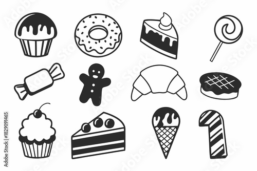 A collection of black and white bakery and dessert icons