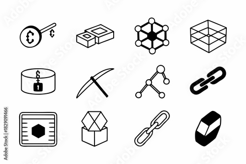 A collection of black and white blockchain technology icons