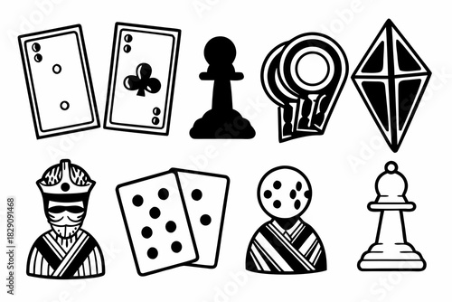 A collection of black and white board game genre icons