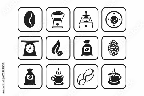 A collection of coffee bean roasting and brewing icons