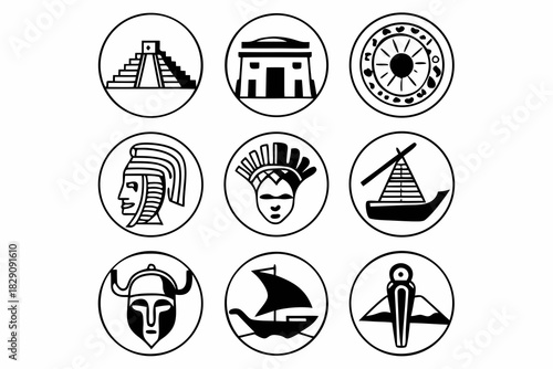 A set of black and white icons representing ancient civilizations