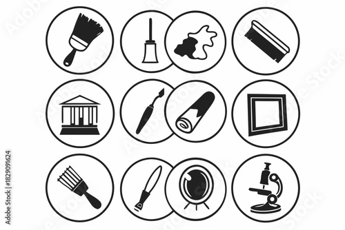 A set of circular icons for art conservation and restoration