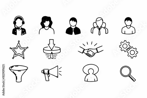 A set of customer relationship management icons in a line art style
