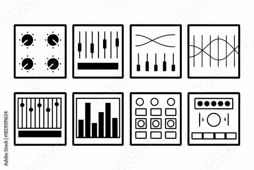 A set of digital audio mixing and effects icons in black and white