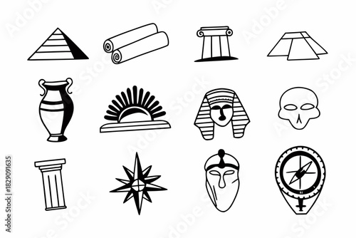 A set of black outline icons depicting ancient history symbols