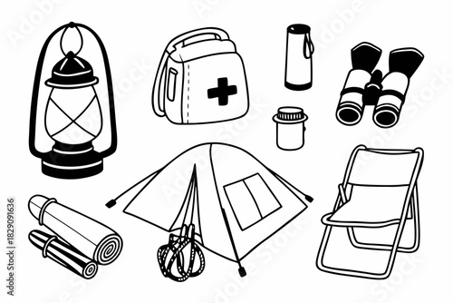 A Set of Hand Drawn Camping Equipment and Outdoor Gear Icons