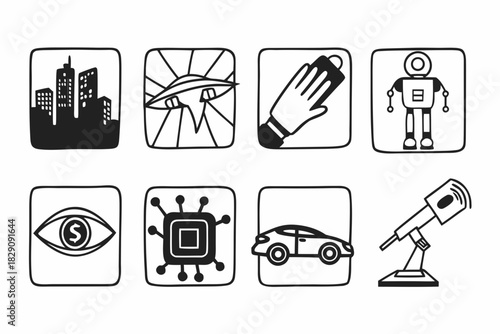 A set of hand drawn black and white futuristic technology icons