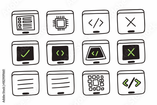A set of hand drawn icons for coding and software debugging
