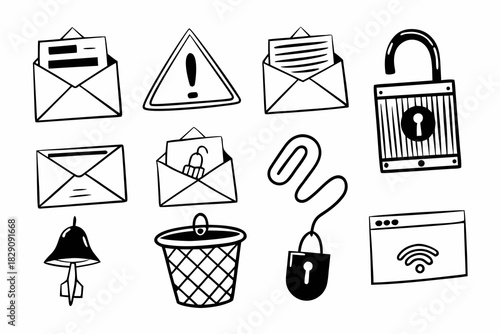A set of hand drawn icons for cybersecurity and phishing prevention