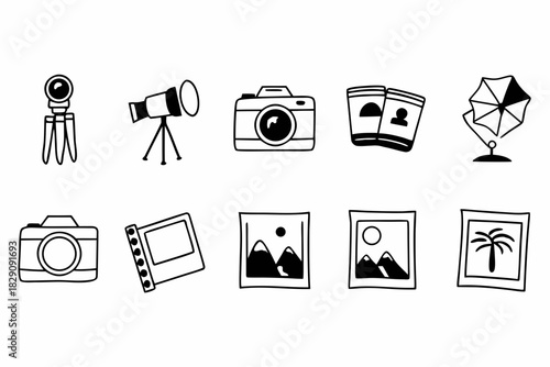 A set of hand drawn photography icons in black and white