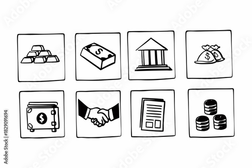 A set of hand drawn icons representing banking and finance