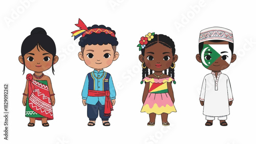 Diverse Cartoon Children in Traditional Cultural Attire and Costumes