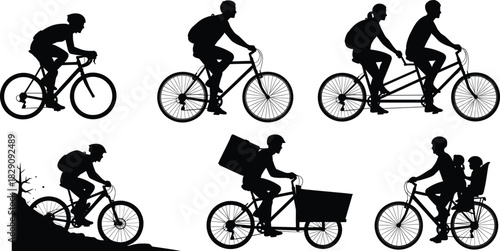 Set of Six Cyclist Silhouettes Vector Illustration, Different Types of Bicycles Including Road Bike, Tandem, Cargo, and Mountain Biking, People Riding for Sport and Delivery