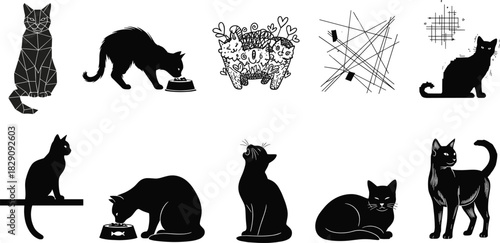 Set of Ten Black Cat Silhouettes Vector Illustration, Various Poses and Styles Including Sitting, Feeding, and Abstract Art, Feline Pet and Animal Graphic Collection