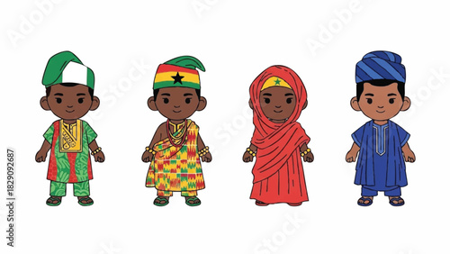 Diverse Cartoon Children in Traditional African Cultural Attire Group Illustration
