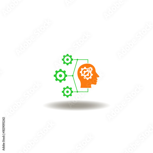 Vector illustration of head with gears and flowchart scheme. Symbol of critical analytical thinking.