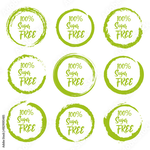 A collection of nine green, hand-drawn circular stamps with '100% Sugar Free' text.