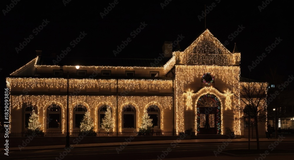 Fototapeta premium Ornate building adorned with Christmas lights