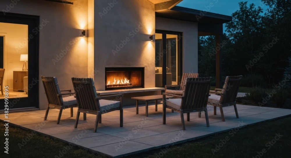 Naklejka premium Outdoor patio at dusk, with fireplace and seating