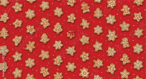 Christmas cookies in various festive shapes arranged on a red background.