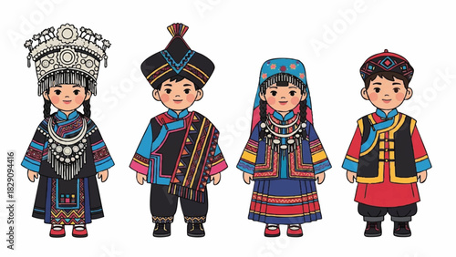 Cute Cartoon Children in Traditional Asian Ethnic Minority Costumes