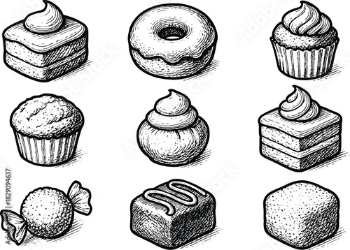 Vintage hand-drawn dessert illustration set featuring donuts, cupcakes, muffins, candies, cream pastries and sweet cake treats in sketch style