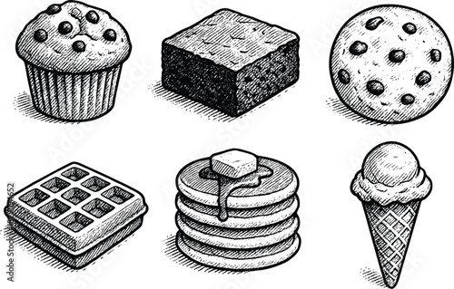 Vintage hand-drawn dessert illustration set featuring cookies, brownies, muffins, waffles, pancakes and ice cream cone in detailed sketch style