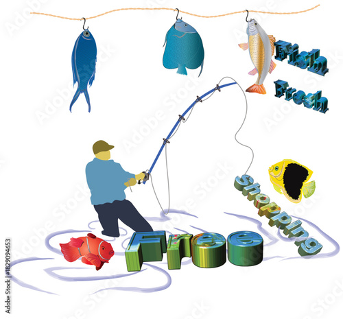 Fisherman with a group of colorful fish in a lake.ai