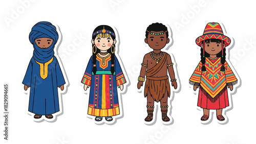Diverse Children Wearing Traditional Cultural Clothing Outfits Set