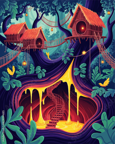 Magical fantasy treehouse village with glowing spiral staircase cave, lantern lights and lush enchanted forest illustration