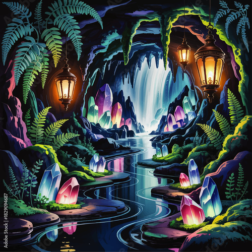 Magical crystal cave with glowing lanterns, fantasy waterfall river landscape, vibrant neon gemstones and lush green ferns