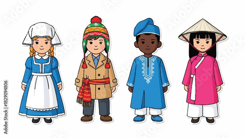 Diverse Children Representing Global Cultures in Traditional Attire Illustration