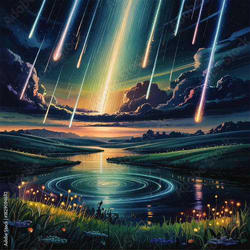 Magical meteor shower over serene river landscape at twilight, glowing night sky reflection, fantasy nature illustration art
