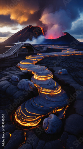 Surreal volcanic landscape with glowing lava river, fantasy bridge and strange stone creatures under dramatic sunset sky