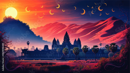 Surreal Angkor Wat temple landscape at sunset with fantasy moons, vibrant red mountains, tropical jungle and dreamy neon sky