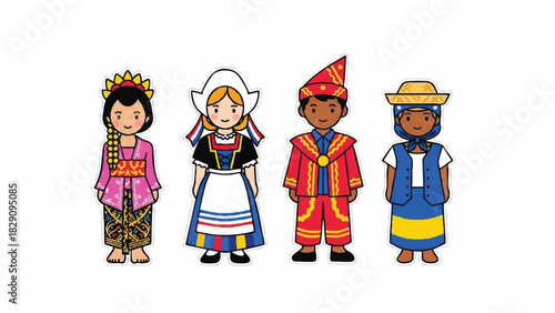 Diverse Group of Children in Traditional International Costumes and National Dress