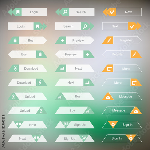 A collection of modern, flat design user interface buttons for web and mobile applications.
