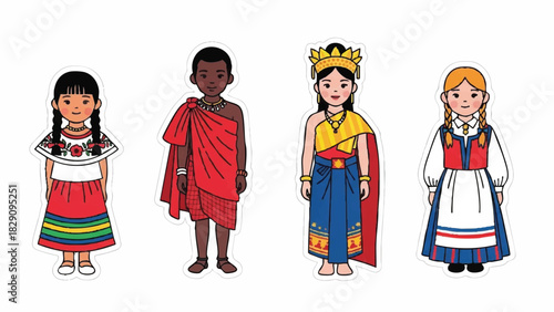 Diverse Children Characters in Traditional Global Cultural Attire Set