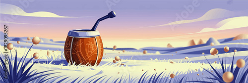 Cozy yerba mate gourd with bombilla in dreamy pastel meadow landscape at sunrise, relaxing nature illustration banner background