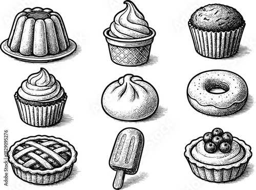 Vintage hand-drawn dessert illustration set featuring cupcakes, donuts, pies, ice cream, tarts and sweet bakery items in sketch style