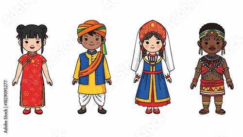 Diverse Cartoon Children Wearing Traditional Cultural Clothing Outfits