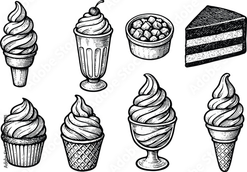 Vintage hand-drawn dessert illustration set featuring ice cream cones, sundaes, cupcakes, creamy cups and layered cake in sketch style