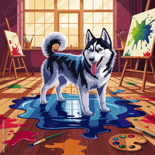 Playful husky dog standing in colorful paint puddles inside art studio with canvases, paint splashes and sunlight window