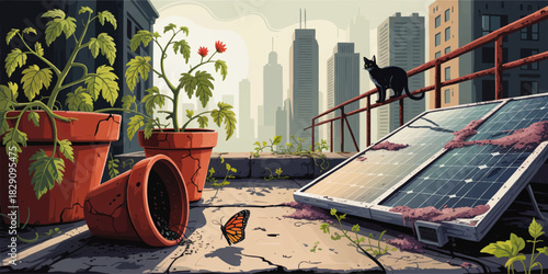 Urban rooftop garden with solar panels, black cat and monarch butterfly in post apocalyptic eco friendly city illustration