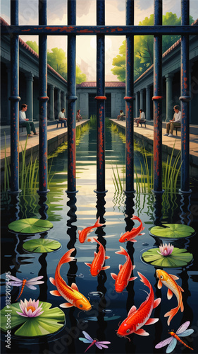 Surreal koi pond behind prison bars in tranquil courtyard, colorful fish, dragonflies and water lilies contrasting confinement and freedom