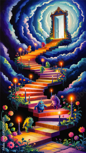 Whimsical monsters on glowing rainbow staircase to magic door in starry fantasy sky, colorful children’s storybook illustration