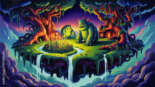 Cute fantasy monsters on floating island at night, glowing candles, magic waterfall landscape, whimsical children’s fairy tale illustration