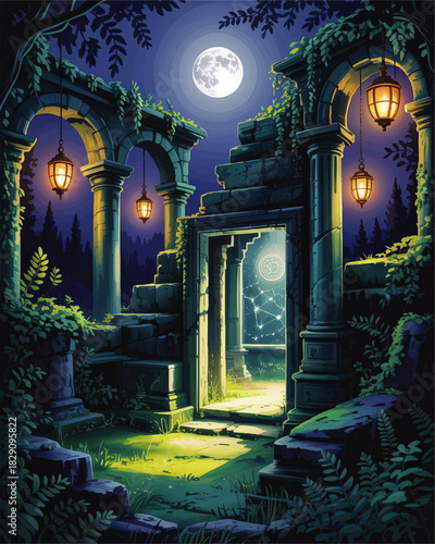 Enchanted moonlit ruins with glowing portal doorway, mystical forest temple arches, fantasy night landscape illustration