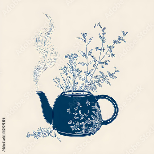Teapot with steam illustration with flowers on the back, spring is coming, spring tea time