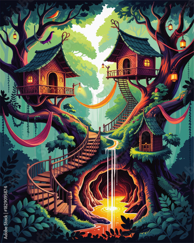 Enchanted fantasy treehouse village with glowing waterfall, wooden bridges and cozy lanterns in vibrant magical forest illustration